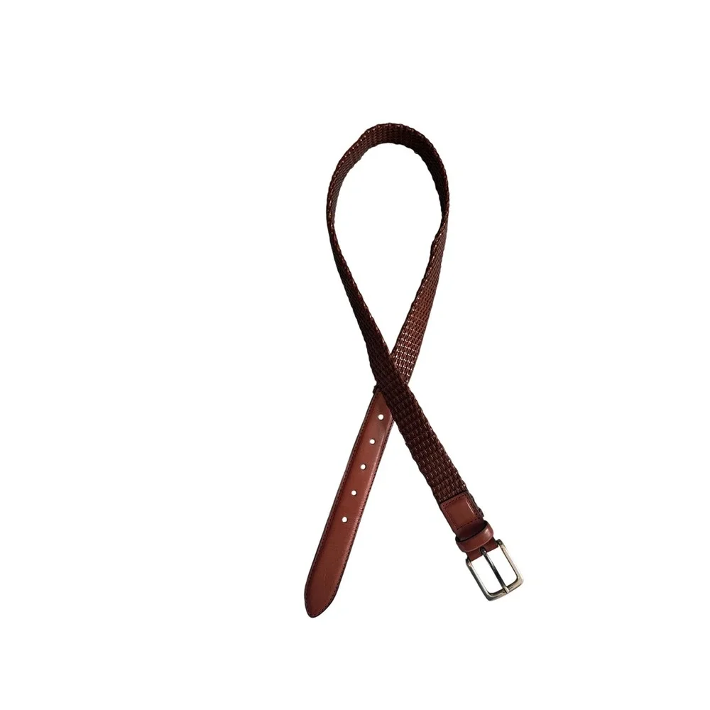 Cognac Brown Woven Braided Faux Leather Belt Silver Buckle size 36